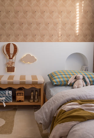 A unisex bedroom with a child's bed and sage gingham fitted sheet